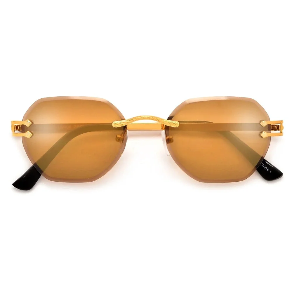 Mens Rimless Diamond CutvSunglasses Gold Metal Frame Gold Reflective Lens Lentes
